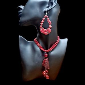 Red Beaded Boho Necklace & Earring Set Scarlet Ethnic Hippie Retro Colo…